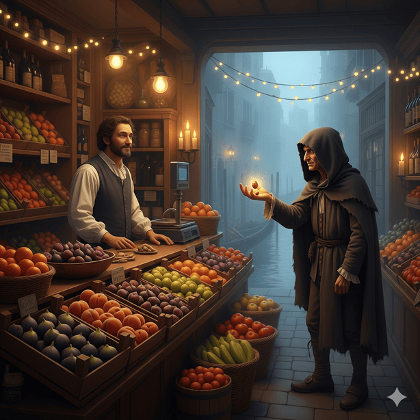 " foto ia fruttivendolo con uomo misterioso"