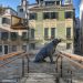 "statua leonessa in campo con ponticello e case colorate"